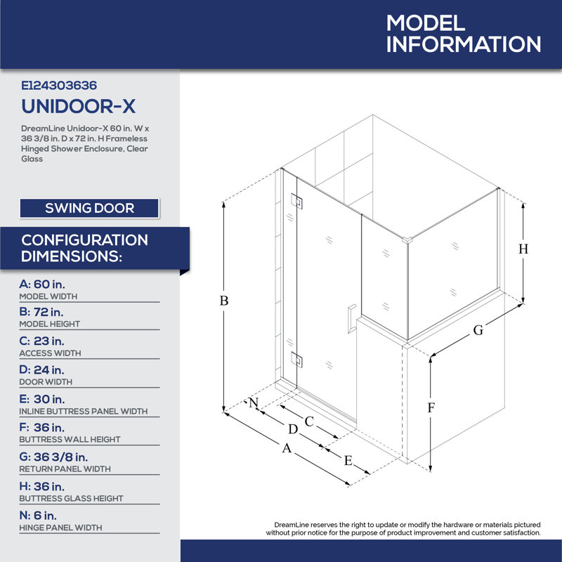 Unidoor-X 60 W x 36.38 D x 72 H Frameless Rectangle Hinged Shower Enclosure, Brushed Nickel