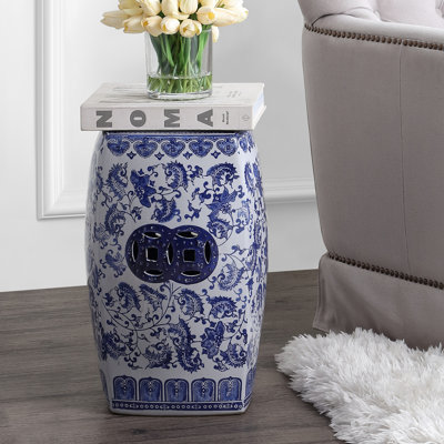 Tabouret de jardin tambour en céramique à motif floral chinois et bleu traditionnel de 18,5 po Floral Vine, siège de patio intérieur / extérieur et table d'appoint