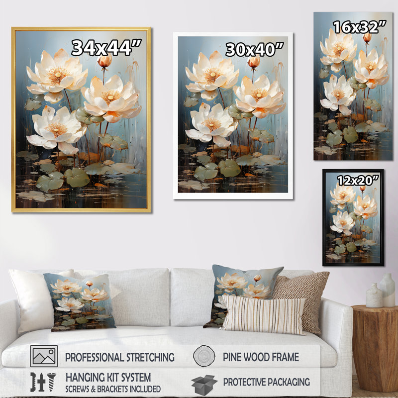 Élégance en fleurs de lotus sur toile, Toile tendue, H 40 po x l 30 po x P 1,5 po