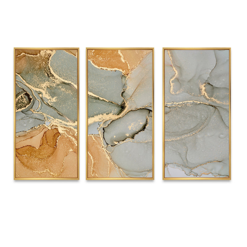 "Brown Luxury Abstract Fluid Art VI", 3 pièces, cadre flottant, impression sur toile, H 32 po x l 48 po, Or