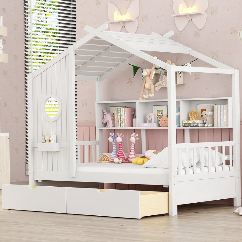 Lit simple en bois avec 2 tiroirs, lit pour enfant avec tablette de rangement, gris, Blanc
