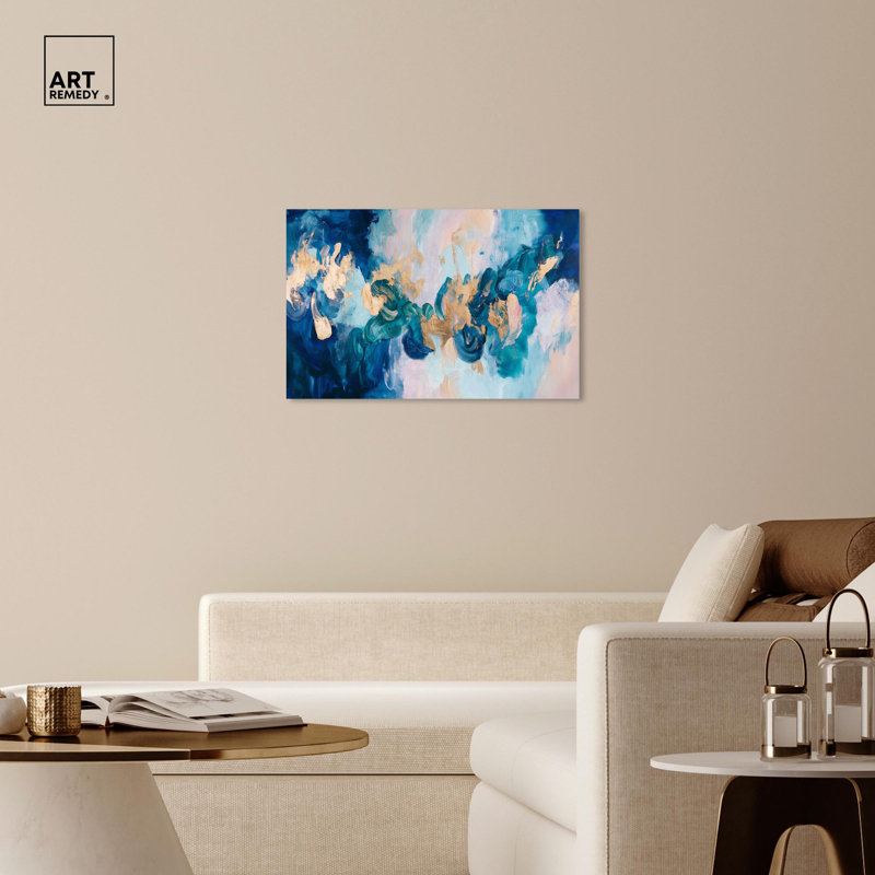 Toile dorée et turquoise, art abstrait bleu par Art Remedy, Toile tendue, H 24 po x l 36 po