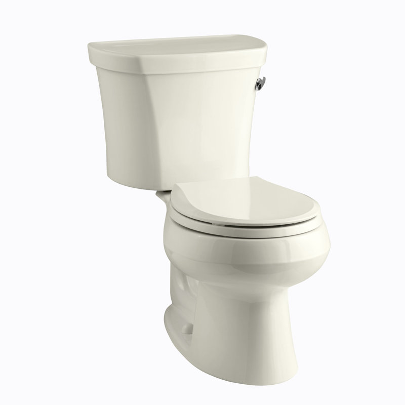 Toilette à deux pièces 1,28 gpf à technologie round flush de wellworth, levier de déclenchement à droite et verrous de couvercle de réservoir