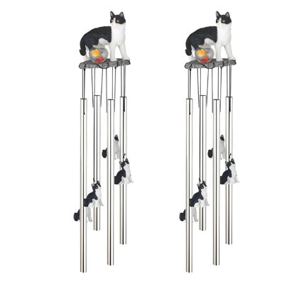 2-PC Gift Set ICE ARMOR 23" Long Tuxedo Kitty Cat with Fish Bowl Round Top Wind Chime Figurine Statue Ornament Decoration Home/Room/Garden Decor for Housewarming, Holidays, Christmas Special