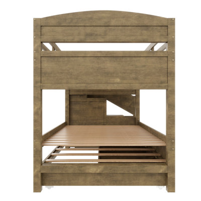 Lit superposé simple TG avec lit gigogne et trois tiroirs de rangement, escalier de rangement et garde-robe, noyer