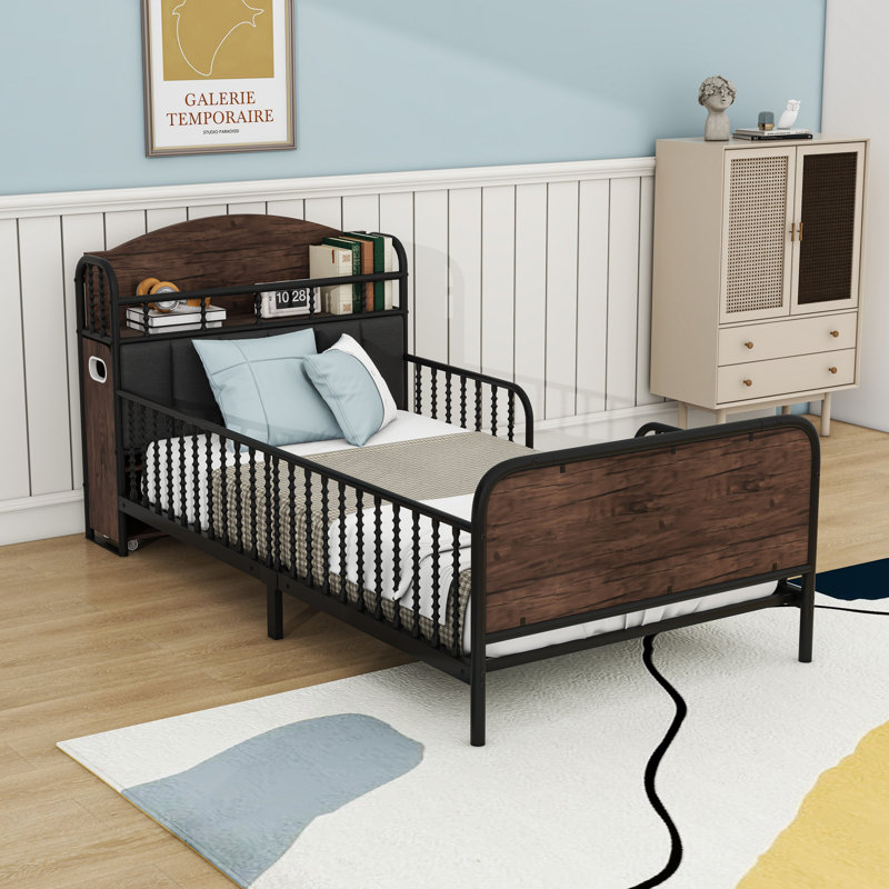 Platform Bed Frame With LED Lights, Pull-Out Shelves And Safety Guardrails, Black