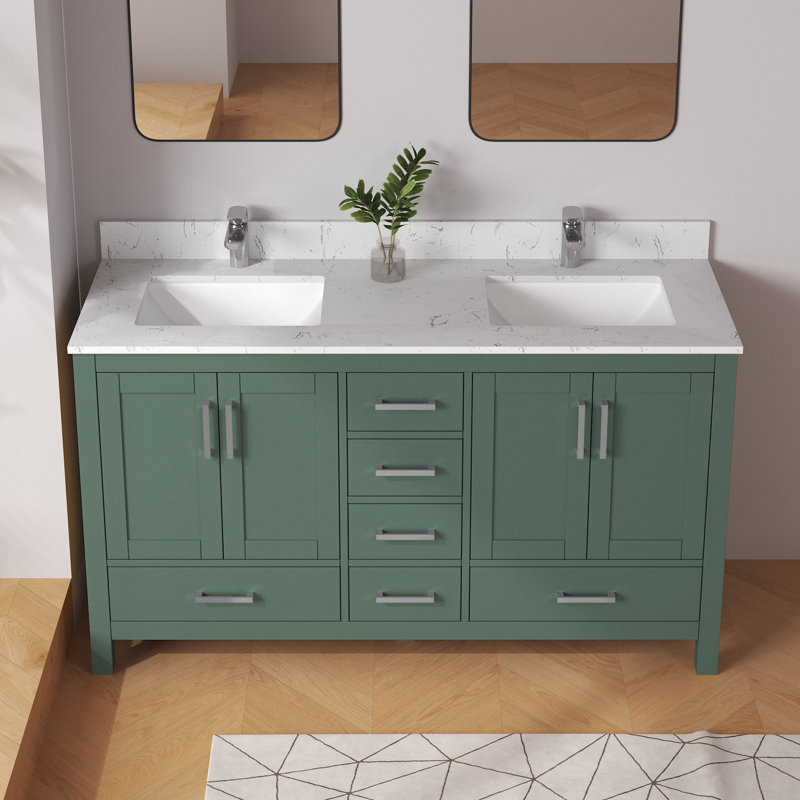 Ensemble de meuble-lavabo simple 60 po Aura avec plateau et dosseret en granit blanc à surface solide Aura, Vert, 60"