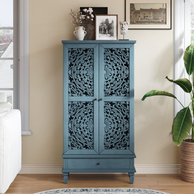 Accent Cabinet with Openwork Carving Door and Solid Wood Legs