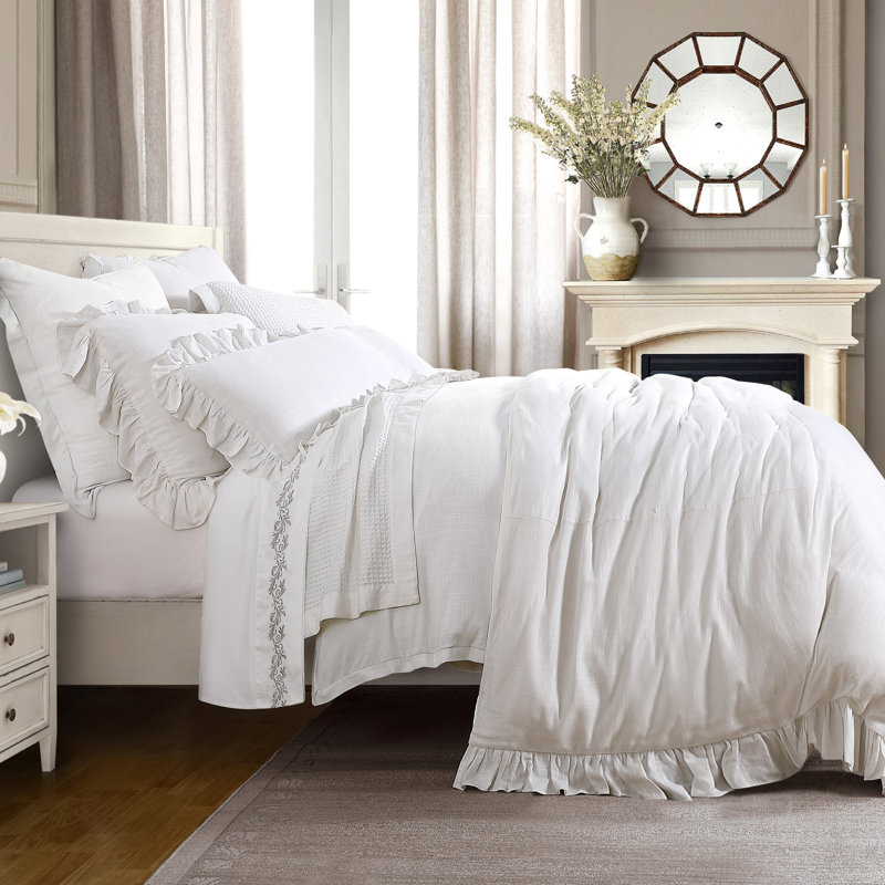 Lily Washed Linen Ruffled Edge Romantic Farmhouse 1 Piece Duvet Cover, Taupe, King Duvet Cover
