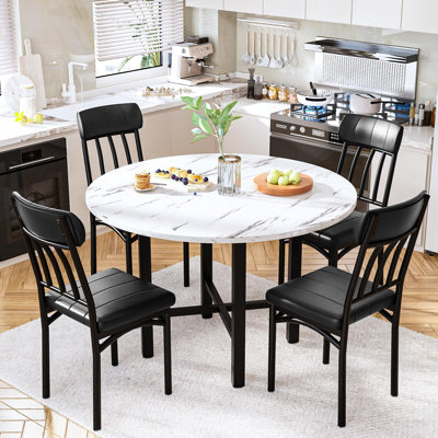 Round Faux Marble Dining Table Set for 4 - Space-Saving Design, 350 lbs Chairs & Easy Assembly (Modern Kitchen & Small Spaces)