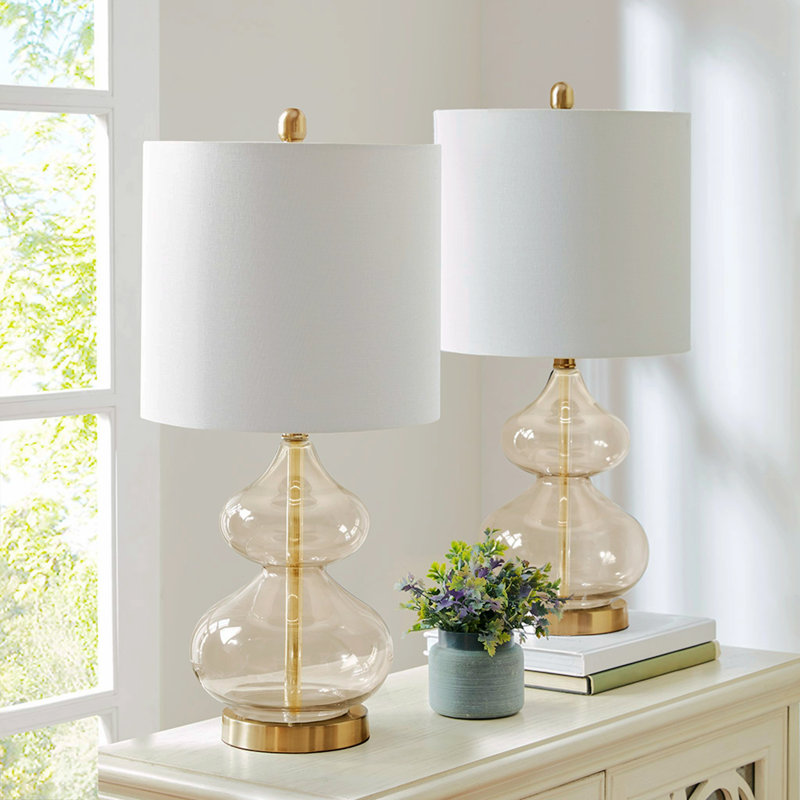 Gold Gourd Shape Glass Table Lamp Set with Drum Shade