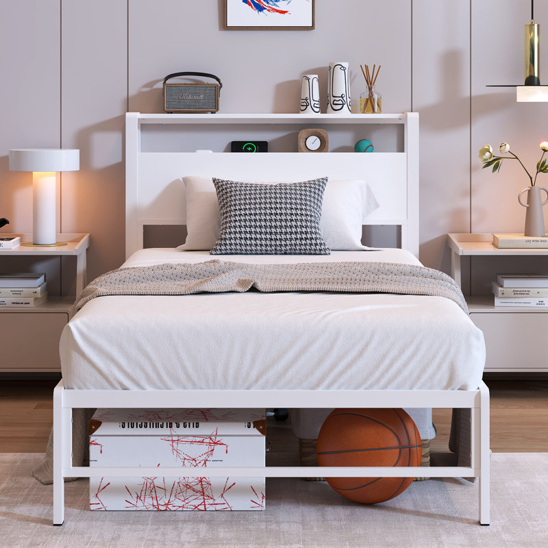  Strongsville Twin Platform Bed Frame with 2-Tier Bookcase Storage Headboard