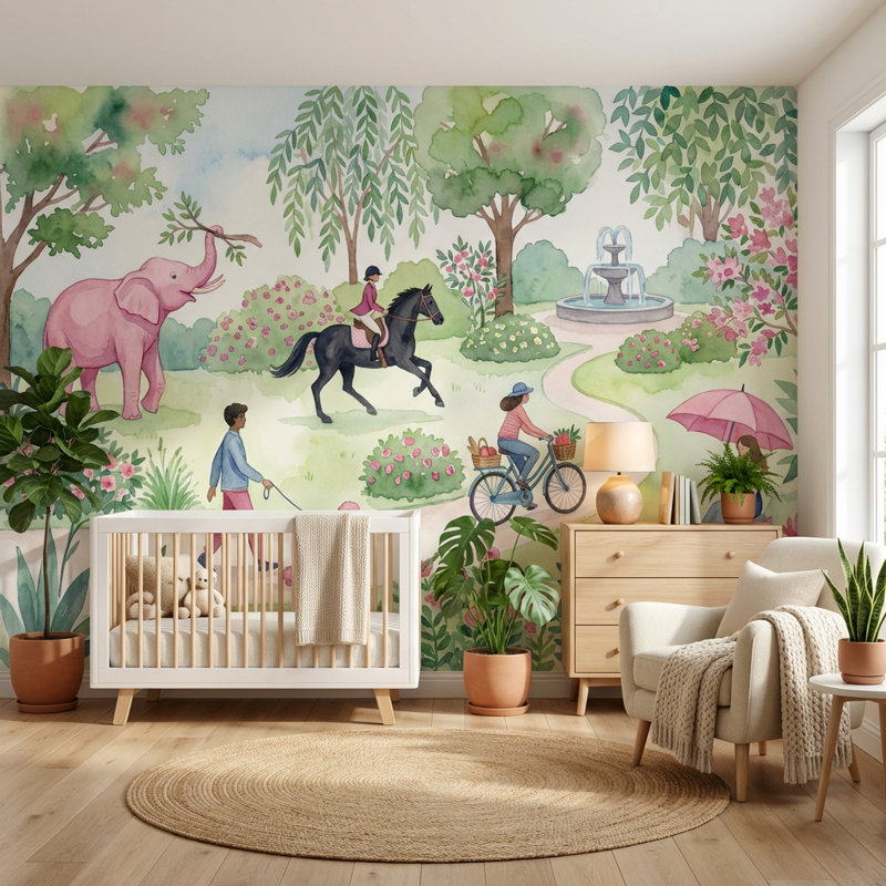 Whimsical Garden Wallpaper Illustrative Nature Wall Mural, 100"x96", Non-Woven Nonpasted