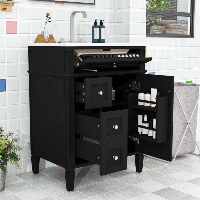 Meuble-lavabo de 24 po avec lavabo supérieur en céramique, armoire de rangement avec 3 tiroirs et tablette réglable, Noir