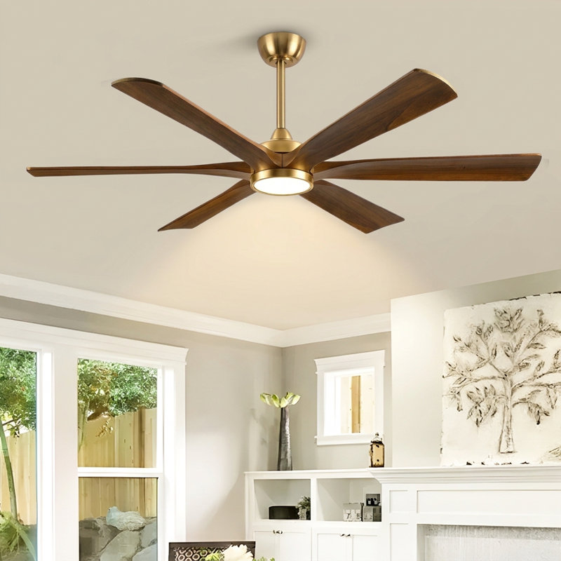 Ventilateur de plafond en bois massif à 6 pales avec finition dorée, contrôle intelligent de l'application, moteur réversible à courant continu, lumière DEL 3 couleurs et fonctionnement silencieux à 6 vitesses (tiges verticales de 6 po / 12 po / 24 po)