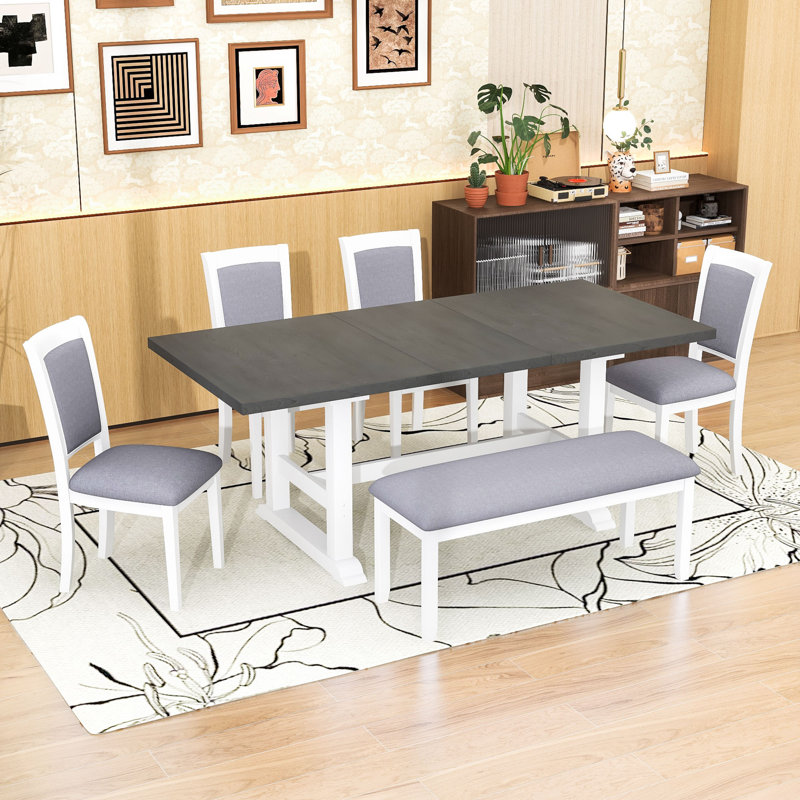 6Pcs Extendable Dining Set with Removable Leaf, Rectangular Table, 4 Upholstered Chairs and Bench, Gray/White