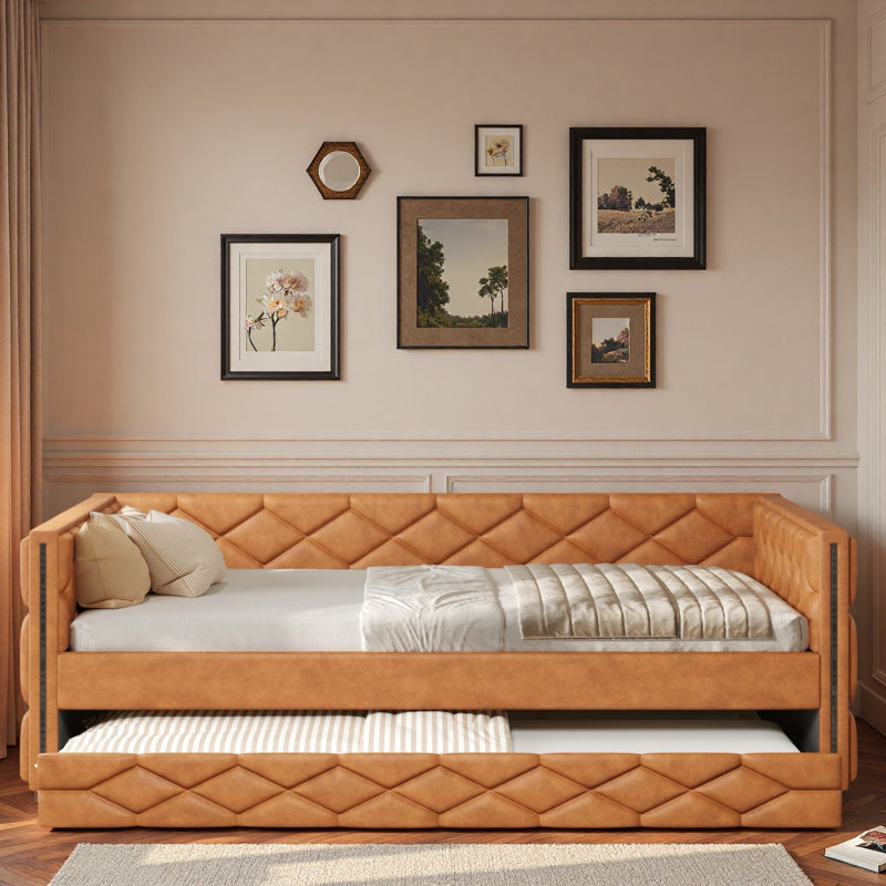 Upholstered Daybed With Trundle And Led, Brown
