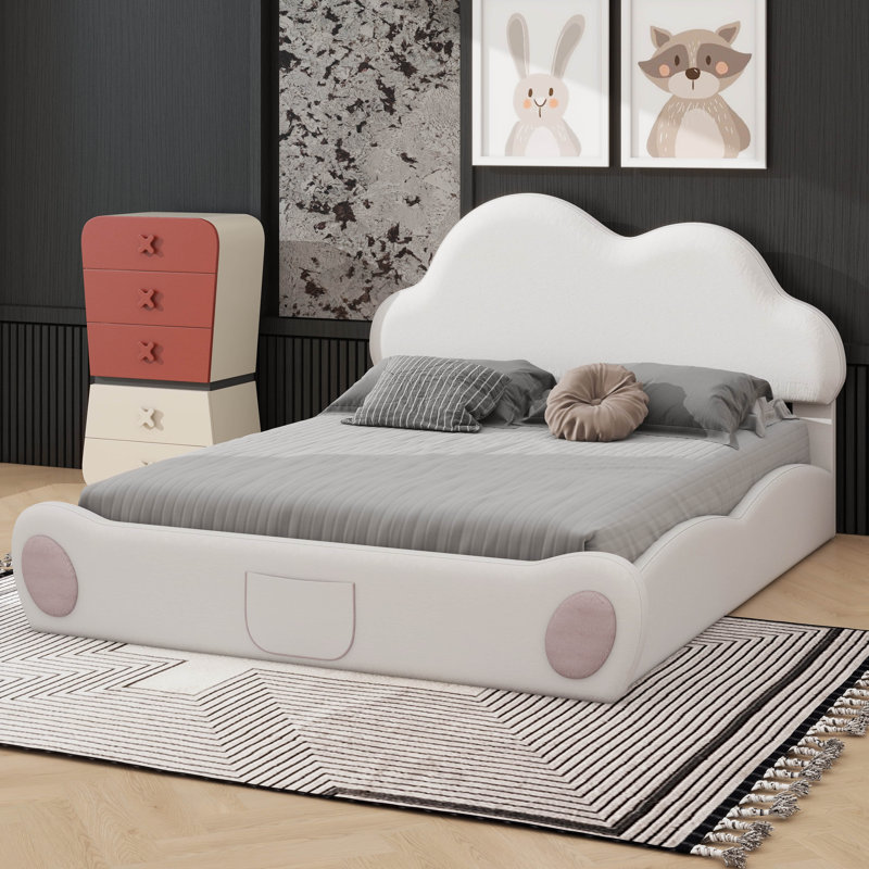 Grand lit plateforme tapissier avec tête de lit et pied de lit arrondi avec rangement intégré, Beige
