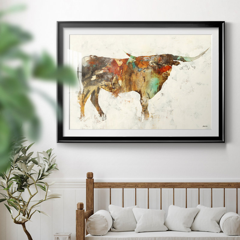 " Long Horn ", 30.5" H x 42.5" W x 1.5" D, Black Framed Paper