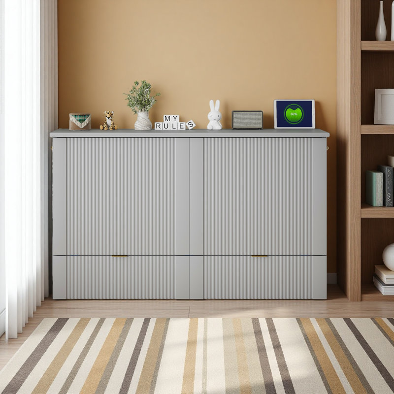 Lit escamotable avec tiroir et un ensemble de prises et ports USB, structure de poulie, Grand lit, Gris