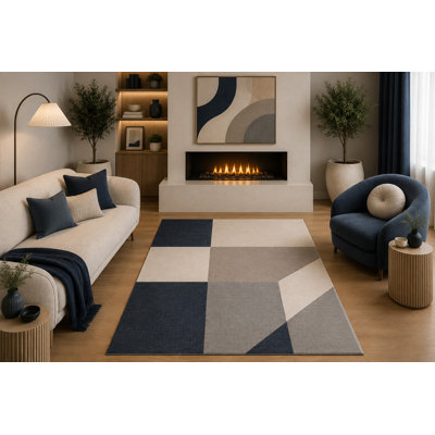 Tapis à motif géométrique abstrait de 5 pi x 7 pi à motif de blocs de couleurs abstraits bleu marine, gris et beige pour le salon, la chambre, la salle à manger, le bureau, le tapis antidérapant en silicone et le velours