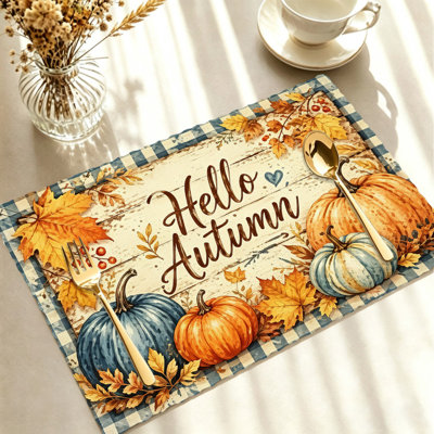 Ensemble de 4 napperons d'automne - Ensembles de table résistants à la chaleur, pour repas à l'intérieur et à l'extérieur, motif vichy bleu et marron « Bonjour l'automne »