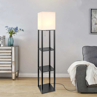 63" Column Floor Lamp With Wood  3-tiers Shelves 9w Led Bulb For Home Deco