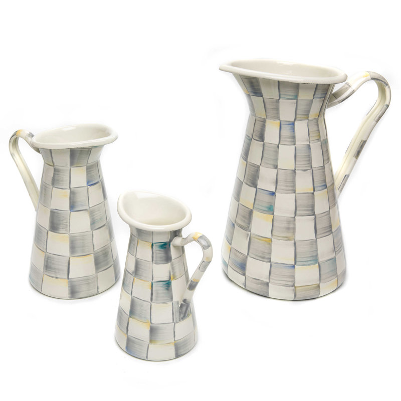 Large Hand-Painted Sterling Check Enamel Pitcher