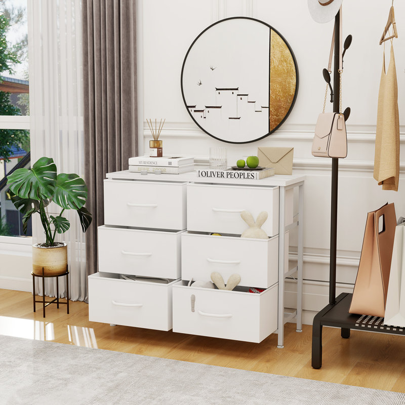 Commode à 6 tiroirs pour chambre à coucher, organisateur de rangement large et anti-basculement, Blanc