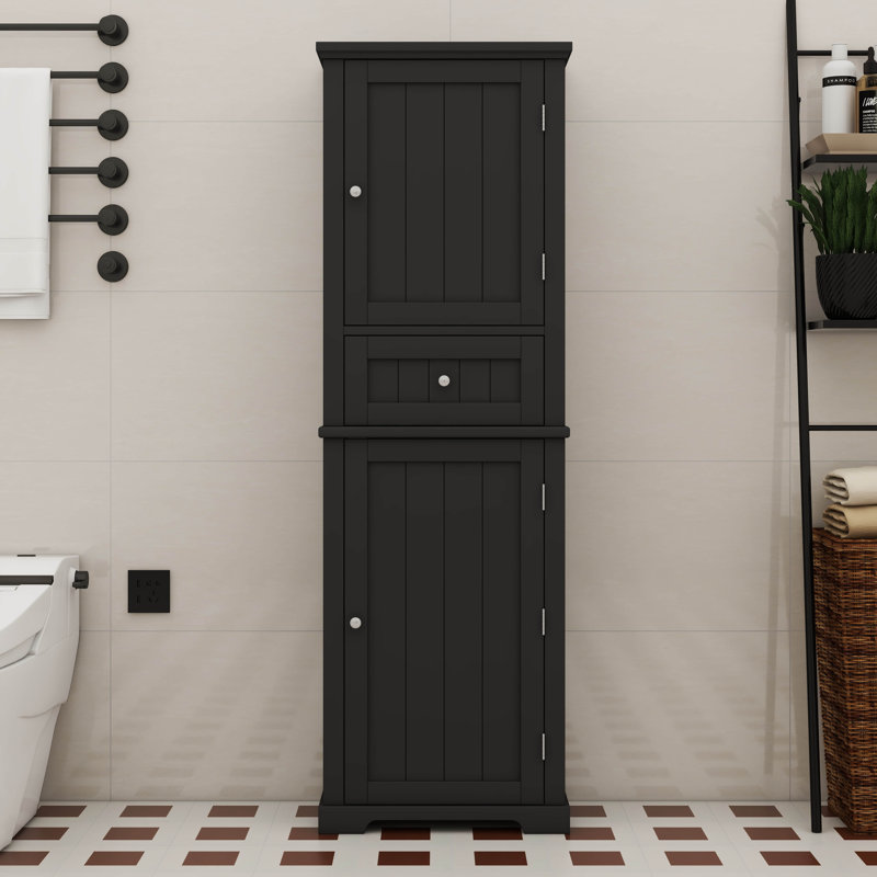 Tall Bathroom Storage Cabinet Freestanding With Drawer Adjustable Shelf, Black