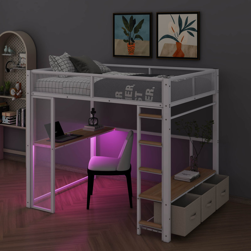 Lit mezzanine double avec bureau intégré et éclairage DEL, Blanc