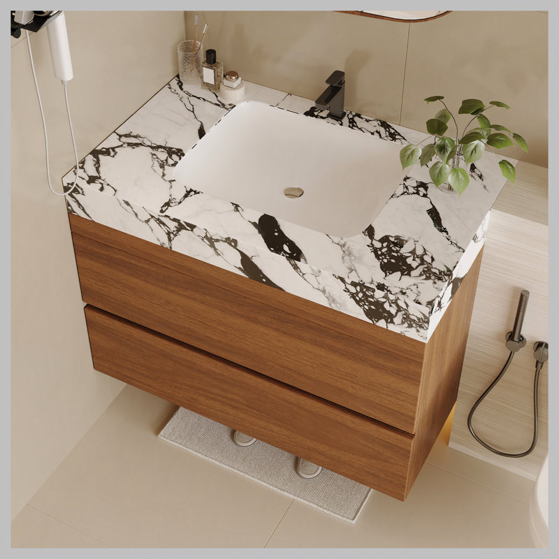 Meuble-lavabo flottant moderne 29,9 po avec comptoir en faux marbre et lavabo encastré en céramique, fixation murale pour petites salles de bain et appartements