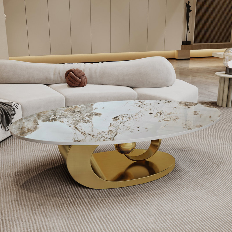 Table basse moderne en faux marbre, tables contemporaines en pierre frittée avec base en acier inoxydable, Or + blanc