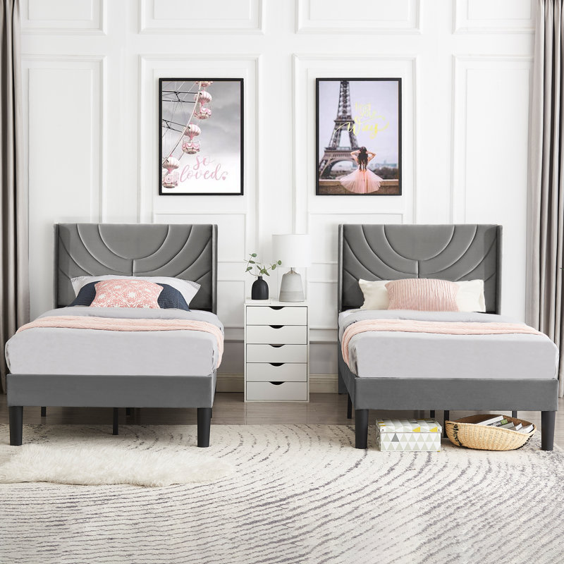 Rehnuma Twin Bed Upholstered Platform with Headboard and Strong Wooden Slats, Gray