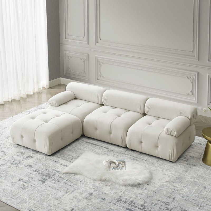 Modular Sectional Sofa, Button Tufted Designed and DIY Combination,L Shaped Couch with Reversible Ottoman, Beige Velvet