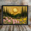«Moonlit Pine Forest», encadré noir, pleine lune, peinture de champ de fleurs sauvages, art mural paysage nature Moody Mystical-603895926