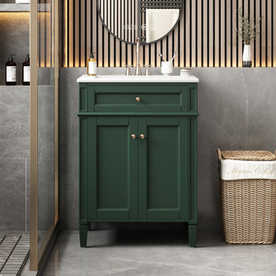 Meuble-lavabo 24 po avec 2 portes et tiroir coulissant, armoire de rangement pour salle de bain avec lavabo, portes à fermeture en douceur avec organisateurs