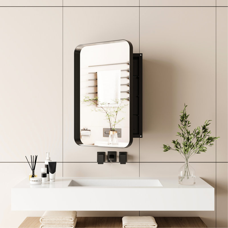 Armoire à pharmacie 16 po x 24 po encastrée en métal noir avec miroir et tablettes réglables Armoire à pharmacie polyvalente avec cadre