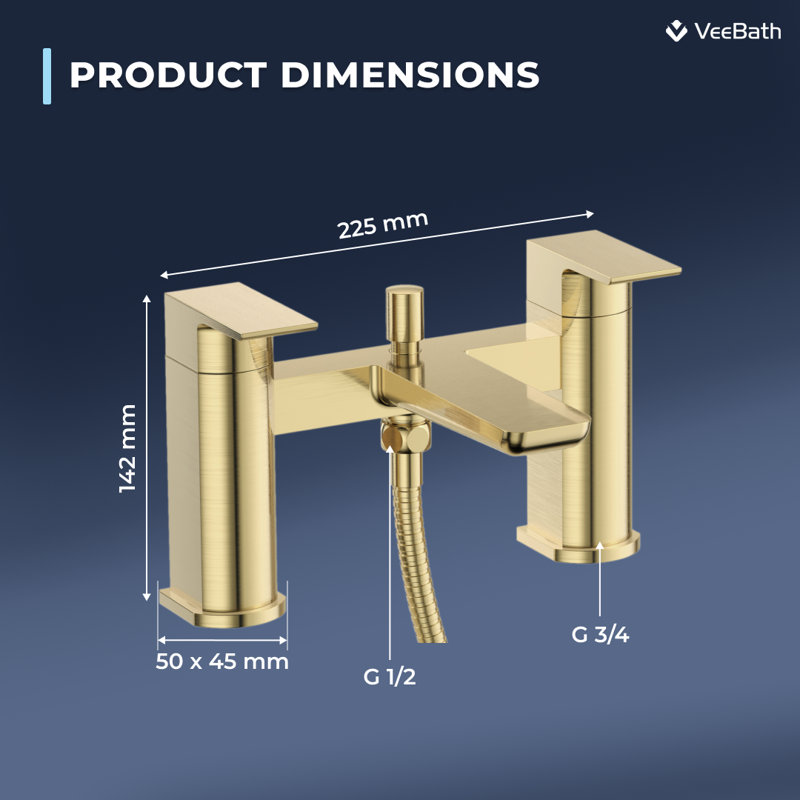VeeBath Lunar Soft Square Bath Shower Mixer Tap with Kit, Brushed Brass
