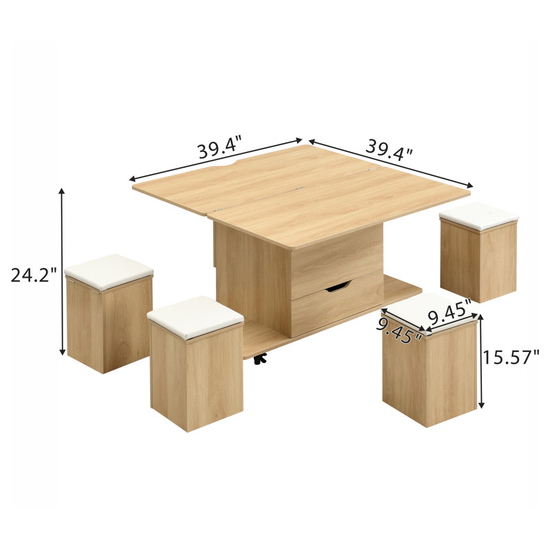  Table basse multifonctionnelle à plateau relevable avec rangement caché, table centrale moderne avec 4 tabourets et roulettes, naturel / blanc