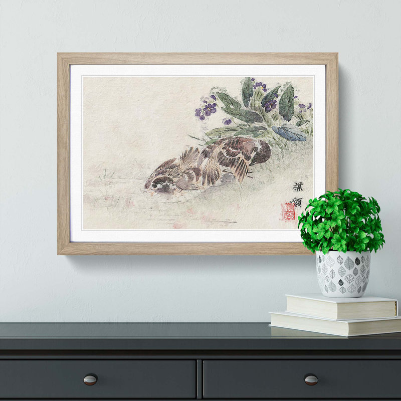 Resting Birds by Kono Bairei - Picture Frame Painting Print, Oak Framed, 48cm H x 65cm W x 2cm D