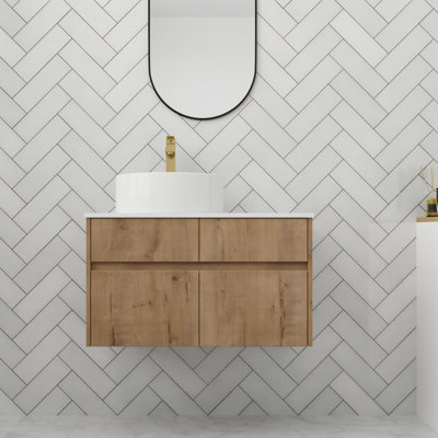 Meuble-lavabo simple de 81 cm (32 po) avec lavabo en céramique, meuble-lavabo suspendu avec porte et tiroir à fermeture amortie