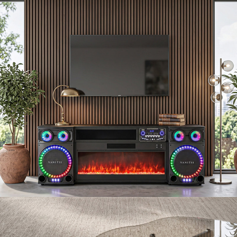 Meuble audio-vidéo avec foyer électrique entièrement assemblé, compatible avec les téléviseurs de 42 à 70 po, ventilateur toutes saisons chaleur et air naturel, haut-parleurs stéréo Bluetooth, DEL RVB Music-Sync, flamme multicolore, prêt à l'emploi