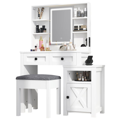 Farmhouse White Dressing Table with Mirror Modern Makeup Vanity Table
