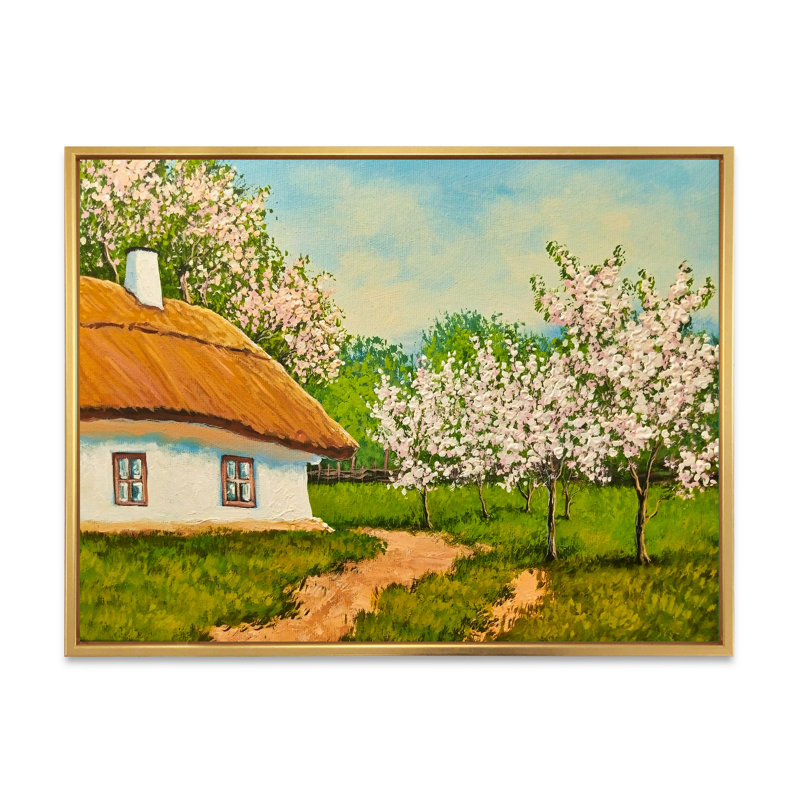 Printemps, paysage, maison, reproduction d'art sur toile, H 8 po x l 12 po x P 1 po, Cadre flottant doré