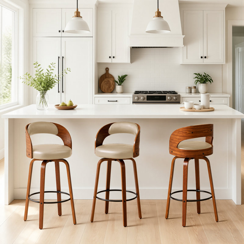26" Modern Swivel Counter Stool with Bentwood Frame Leather Upholstery, Beige