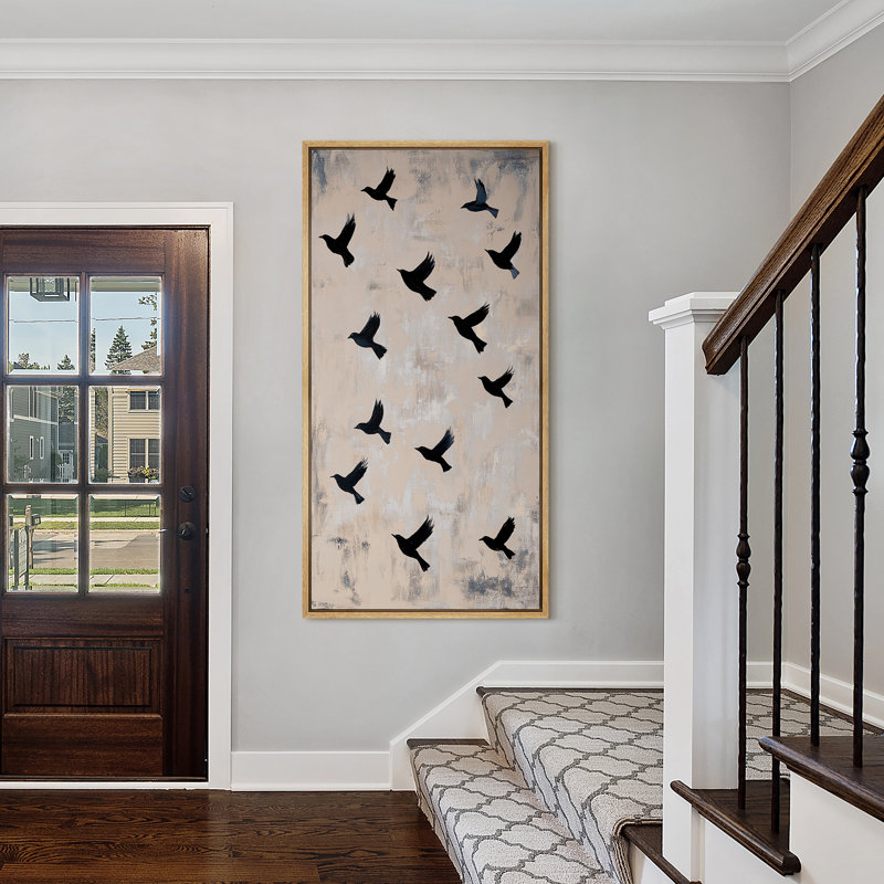 «Black Bird Silhouettes in Flight» sur fond beige - reproduction d'art sur toile encadrée, H 60 po x l 30 po x P 1,5 po