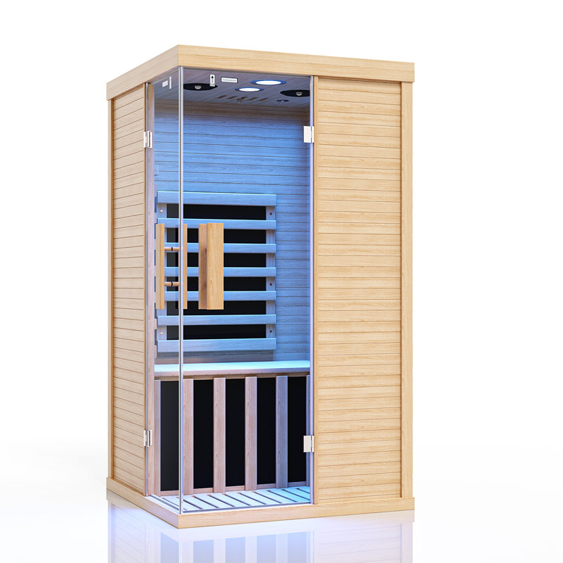 Sauna infrarouge FAR à 1 personne compatible avec la pruche du Canada avec 6 chauffages à faible intensité électromagnétique et éclairage de chromothérapie