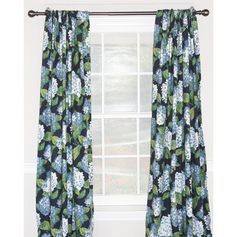 Hydrangea Cotton Blend Room Darkening Curtain Pair, Navy, 50" W x 84" L