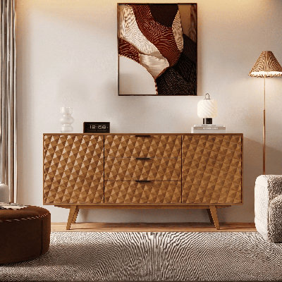 Buffet 71 po en bois massif avec portes géométriques sculptées en 3D, 2 portes, 3 tiroirs, tablettes réglables, design moderne Mid-Century, assemblage facile, aspect teck